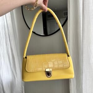 Small Bright Yellow Faux Croc Embossed Shoulder Bag Flap Closure Summer Purse